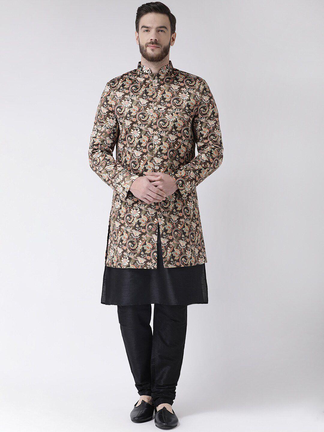 hangup trend men olive green & black printed sherwani