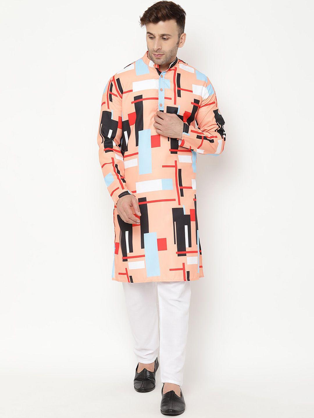 hangup trend men orange regular fit printed kurta with pyjama