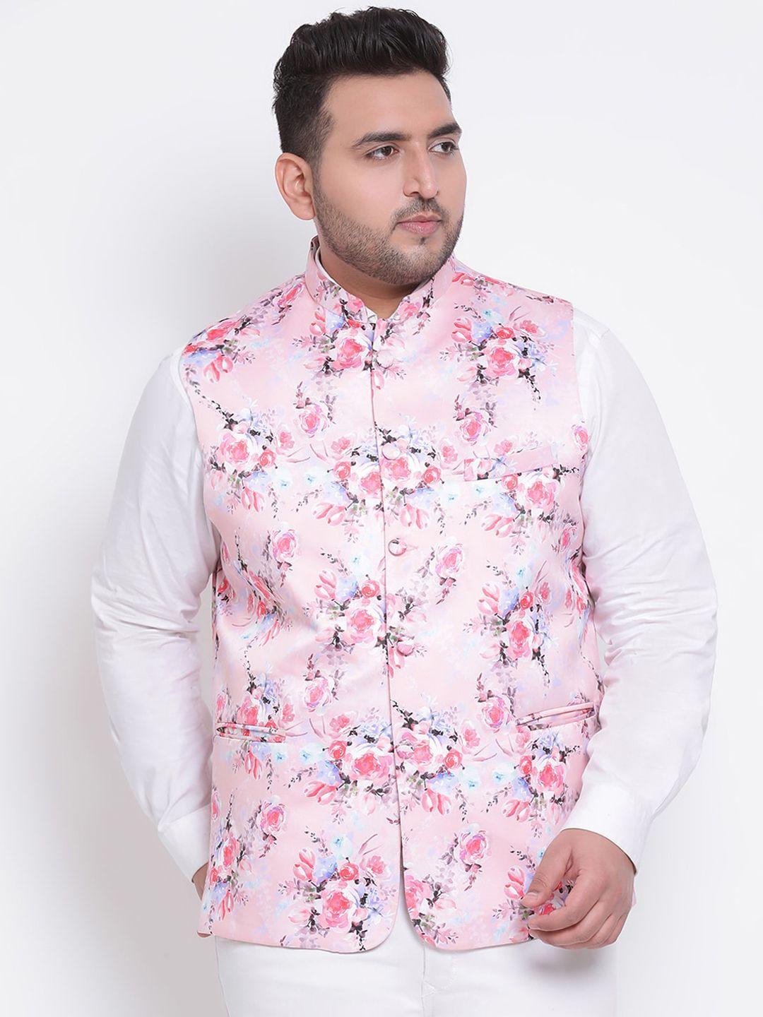 hangup trend men pink & blue floral printed woven nehru jacket