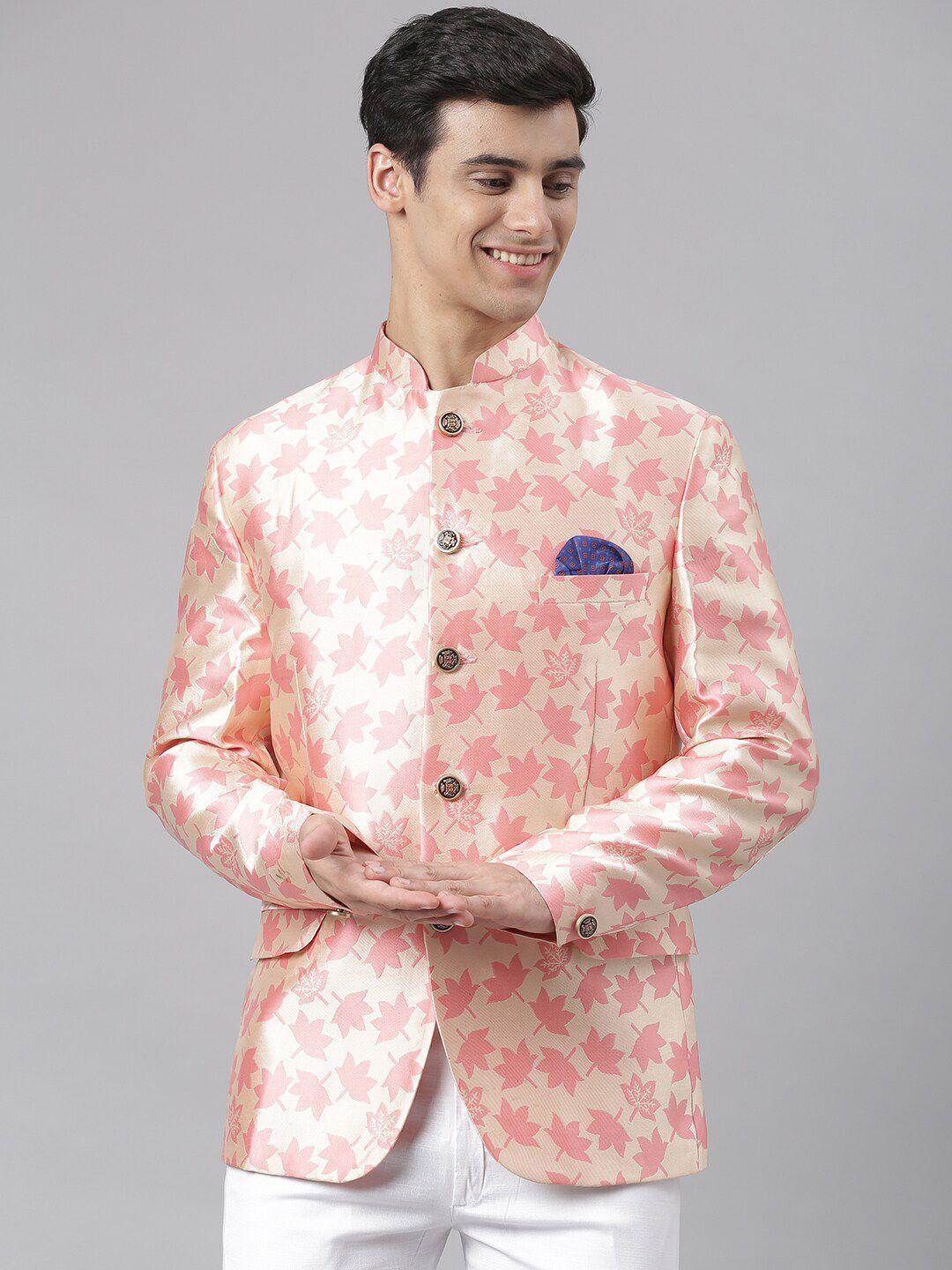 hangup trend men pink  printed single-breasted bandhgala blazer
