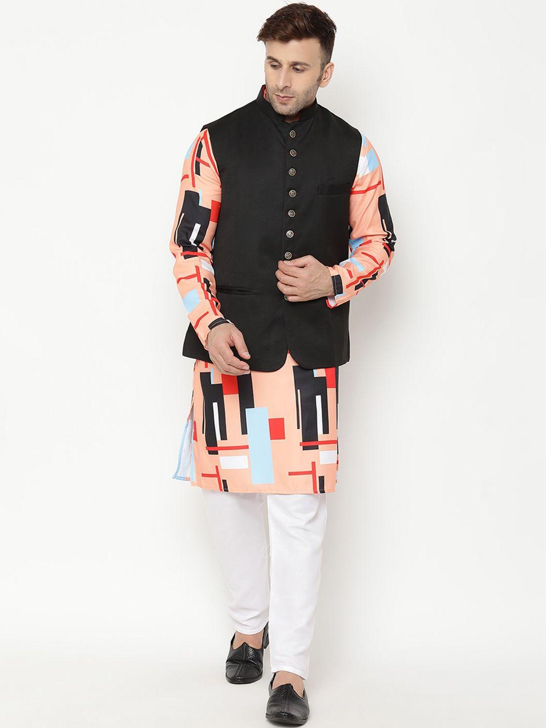 hangup trend men printed kurta with pyjamas & nehru jacket