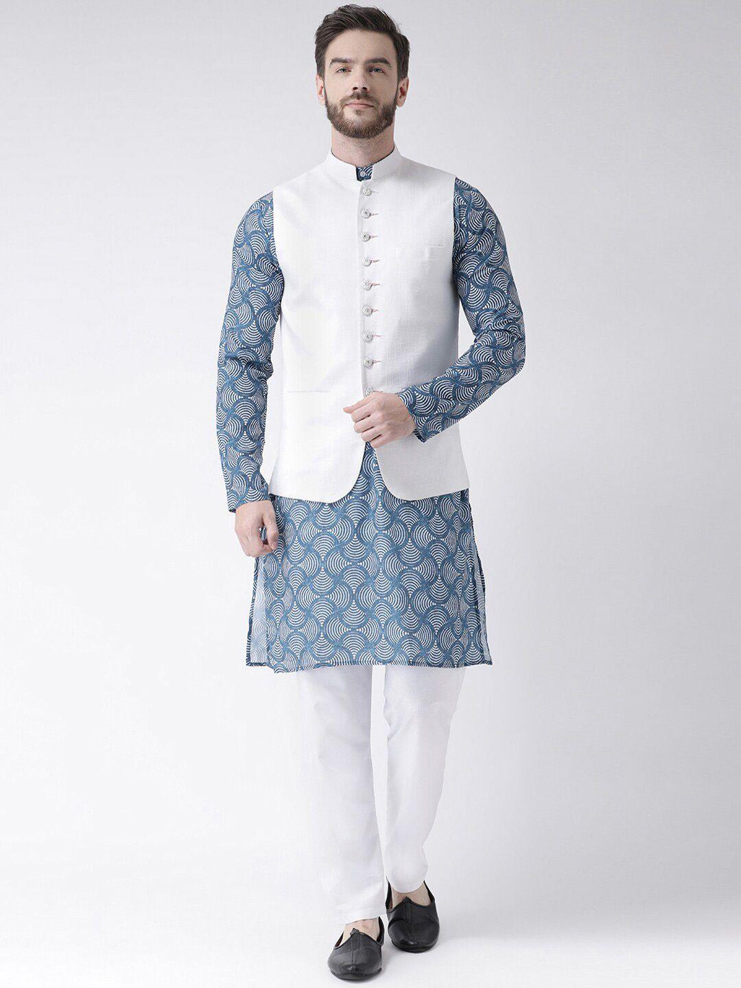 hangup trend men printed pure cotton kurta with pyjamas & nehru jacket