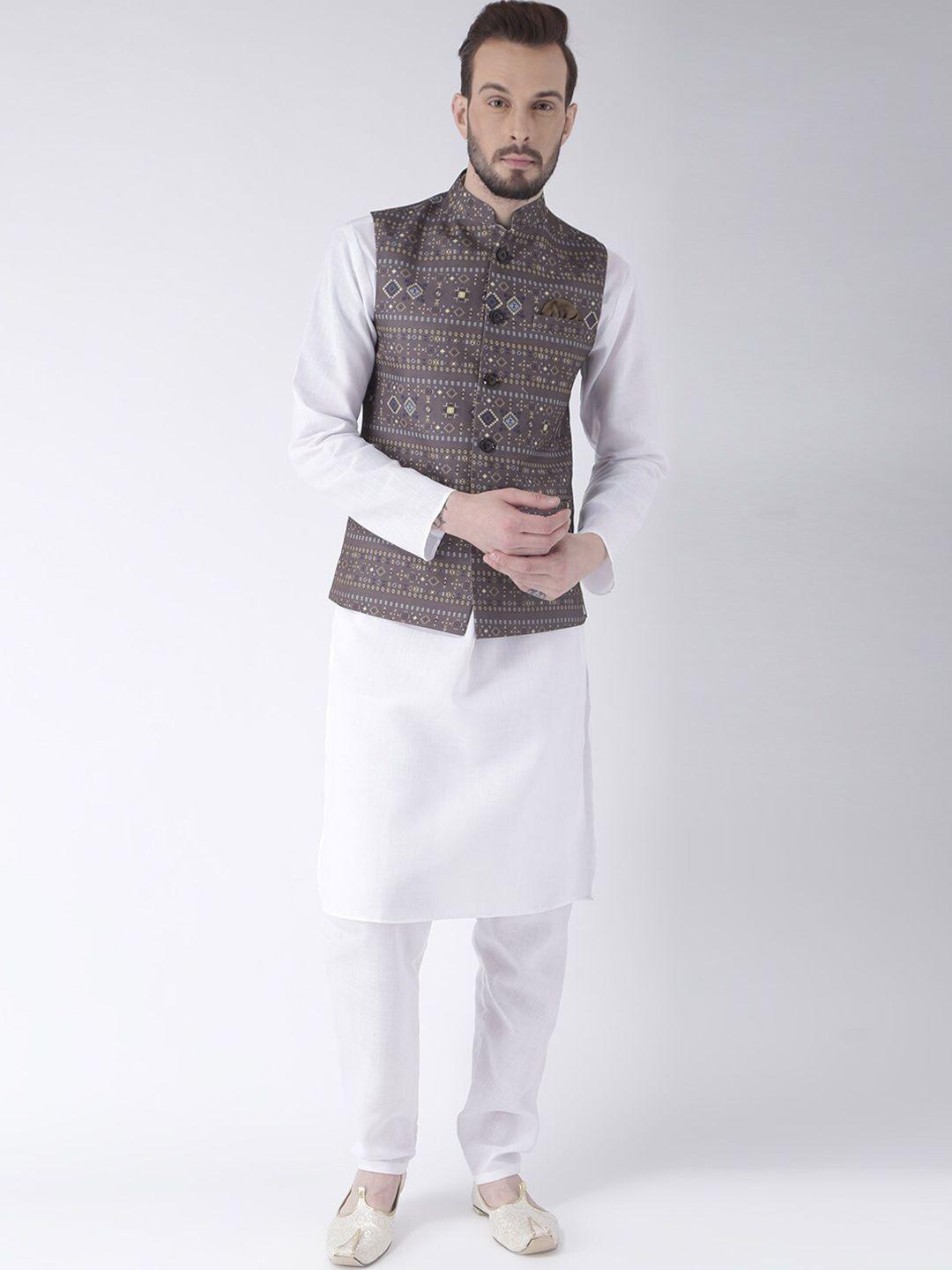 hangup trend men pure cotton kurta with pyjamas & nehru jacket