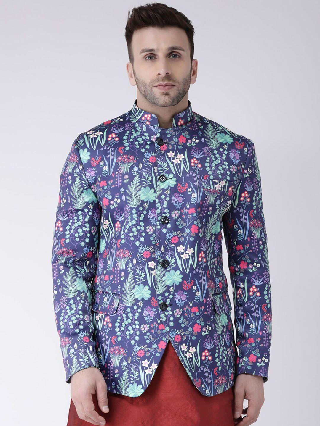 hangup trend men purple & green regular fit printed single breasted bandhgala party blazer