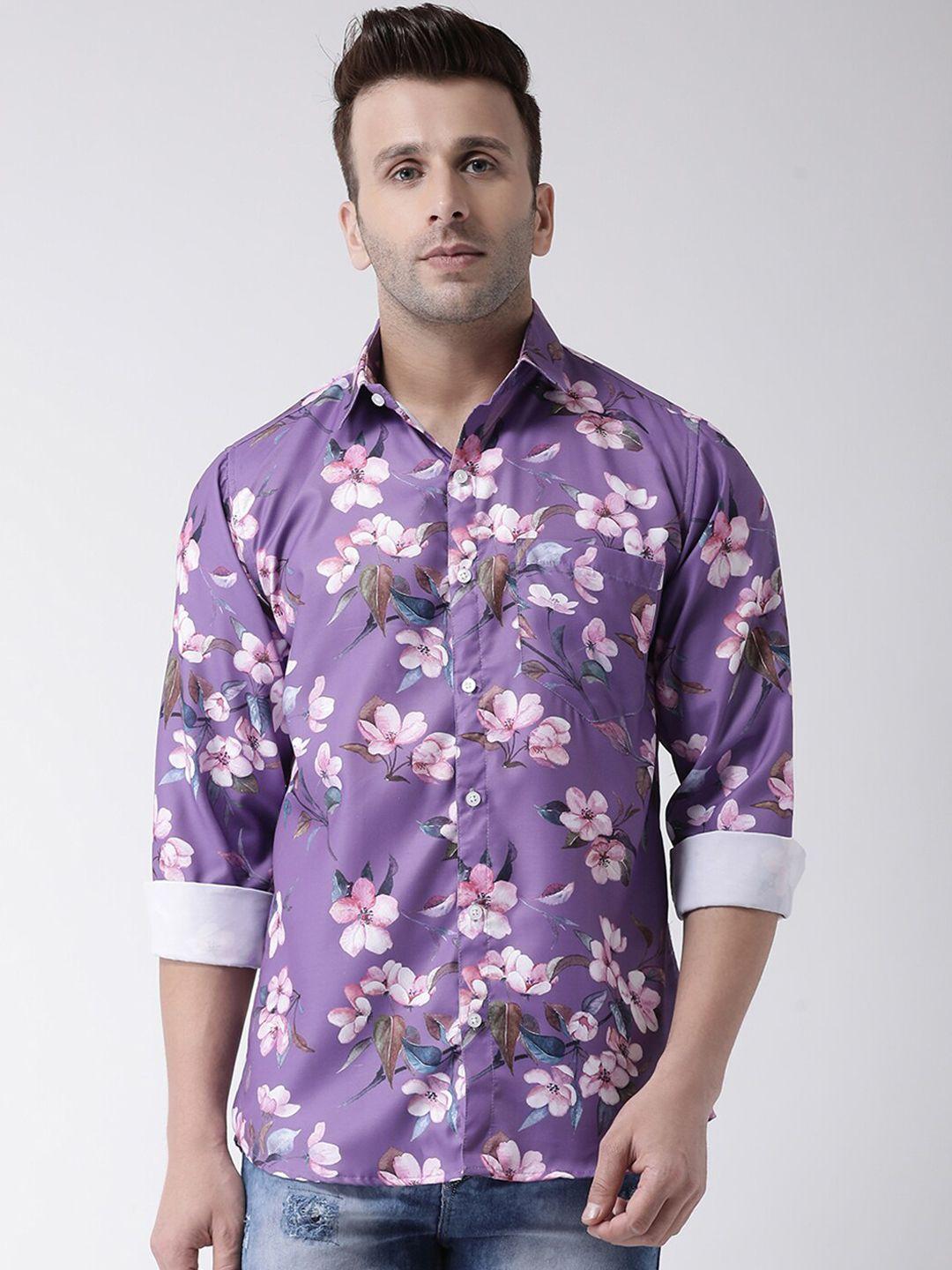 hangup trend men purple & white slim fit floral printed casual shirt