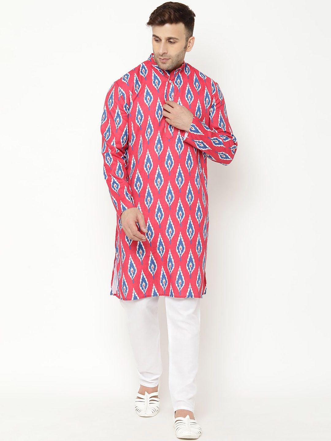 hangup trend men red & blue printed kurta with pyjamas