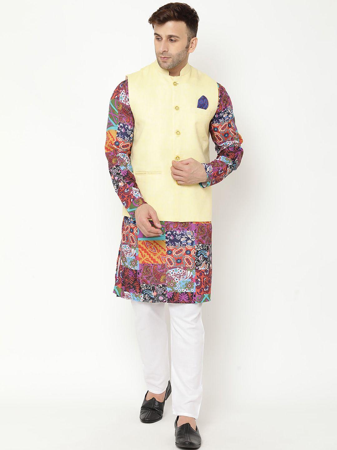 hangup trend men red cotton blend printed kurta with pyjamas and nehru jacket