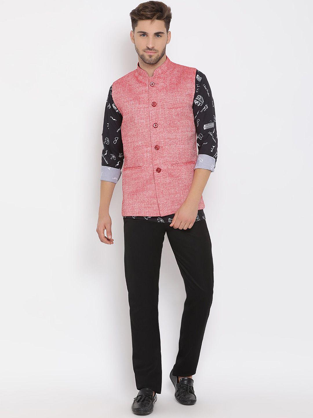 hangup trend men red printed linen kurta with pyjamas & nehru jacket