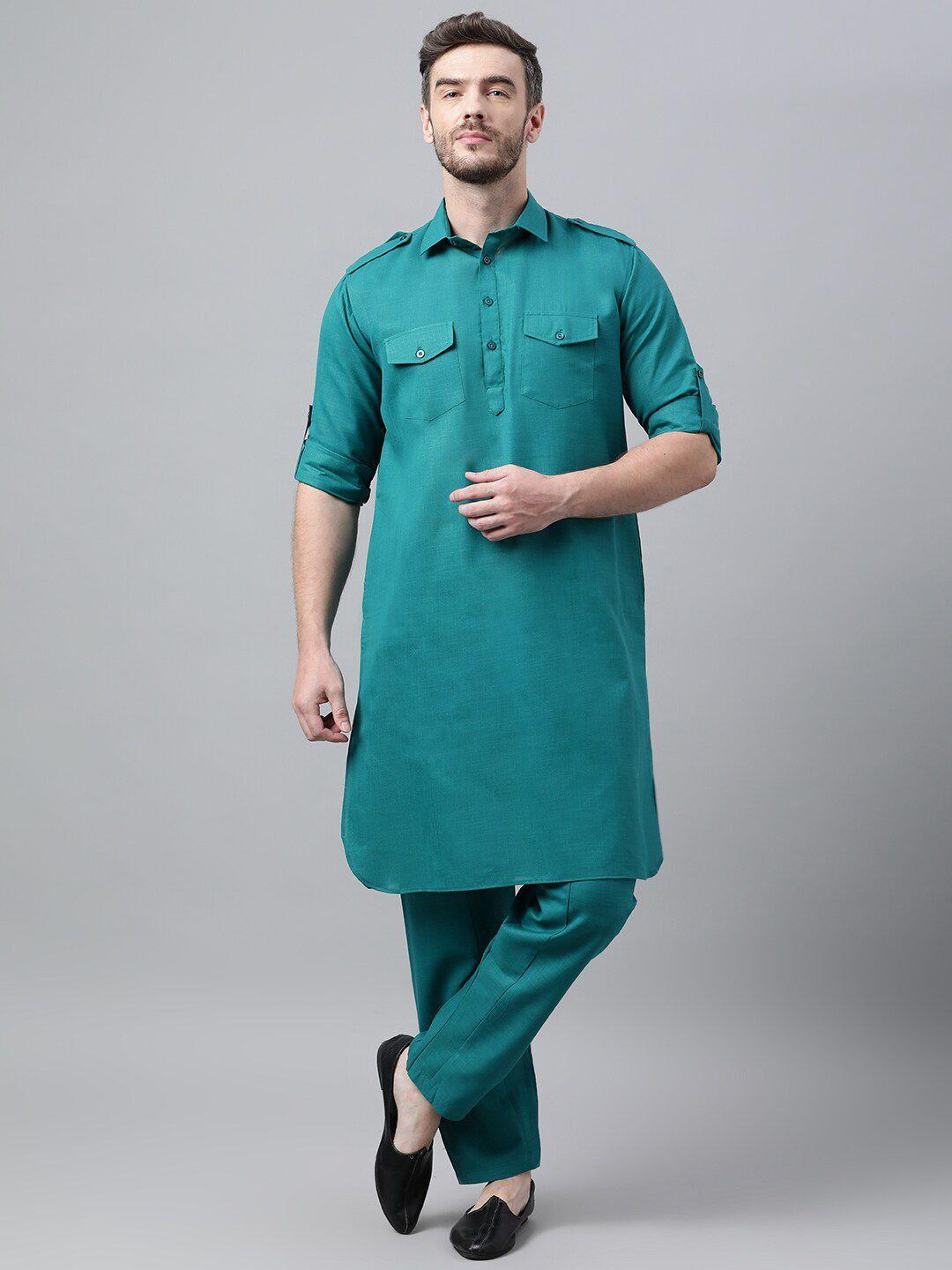 hangup trend men teal patchwork kurta with pyjamas