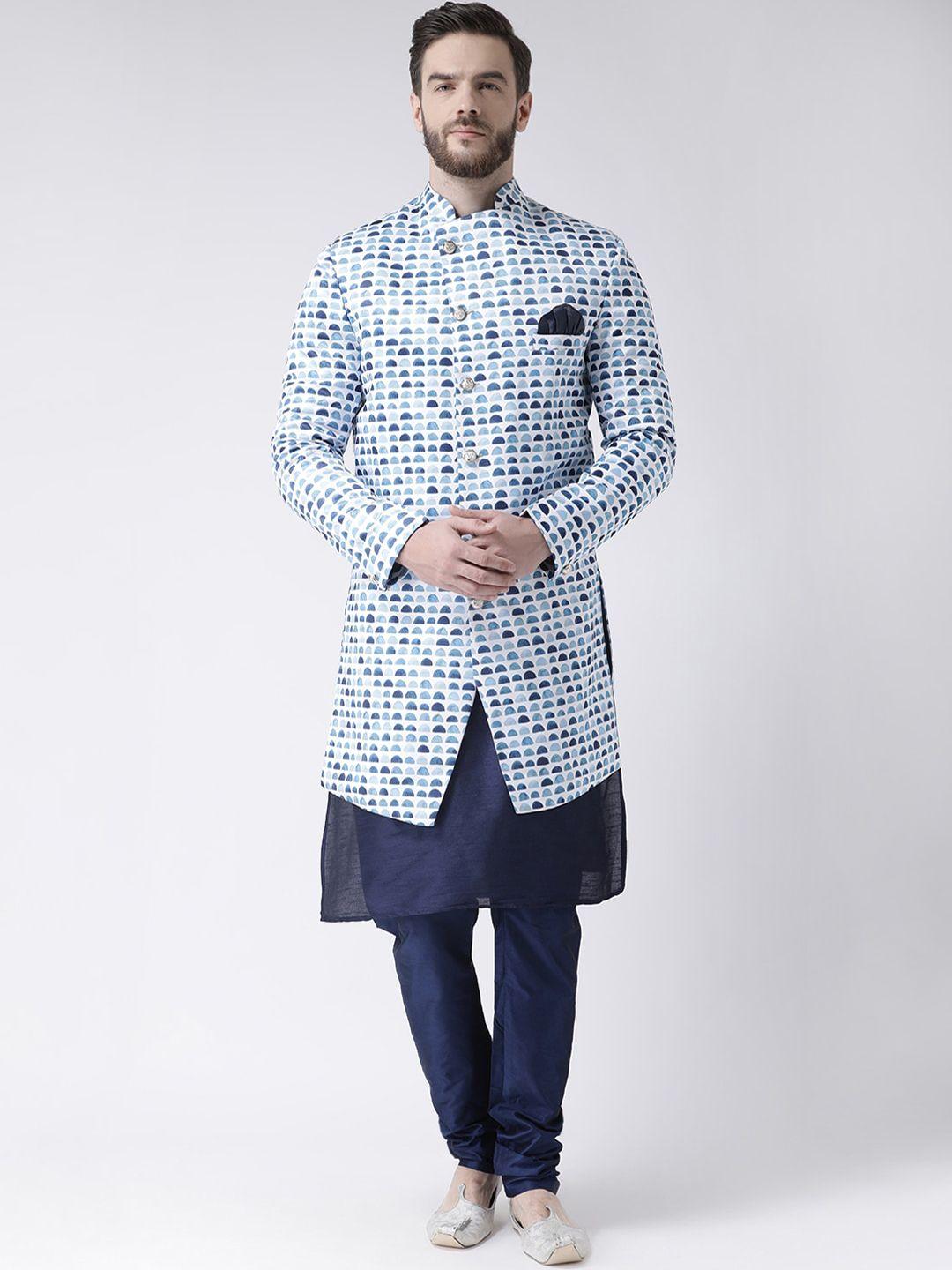 hangup trend men white & blue-coloured self-design 3-pcs sherwani set