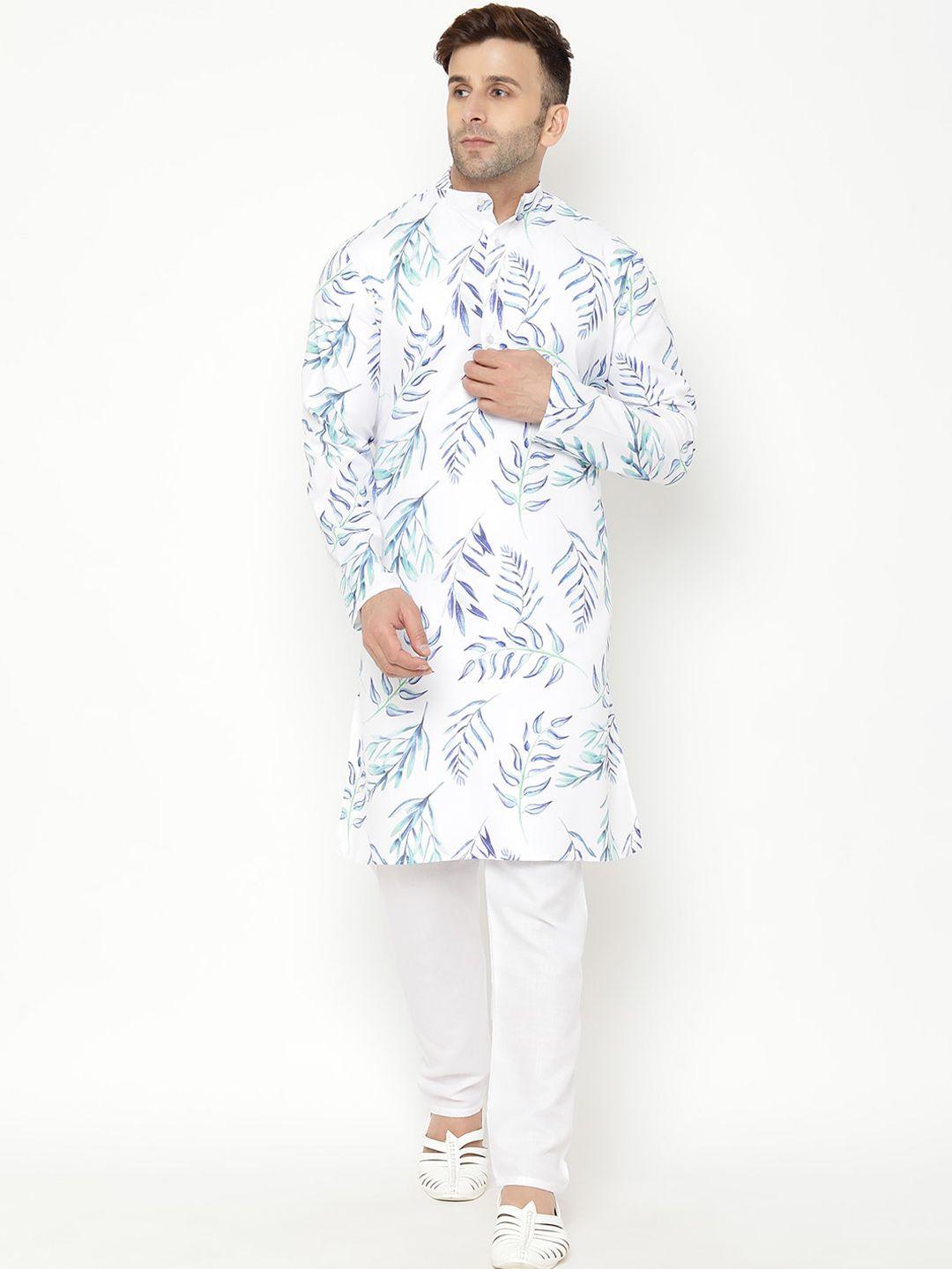 hangup trend men white & blue printed cotton straight kurta with pyjamas