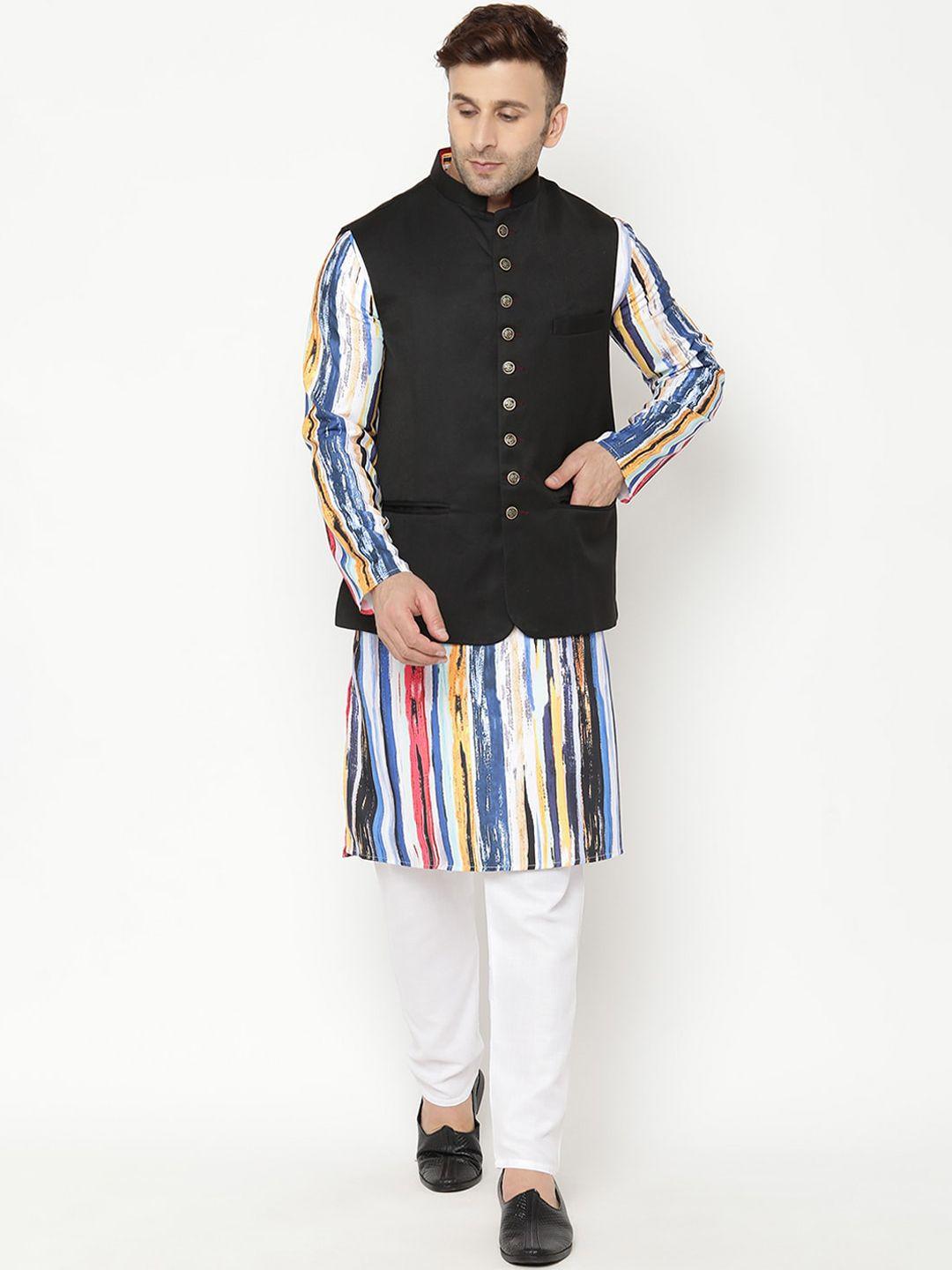 hangup trend men white printed kurta & pyjama with nehru jacket