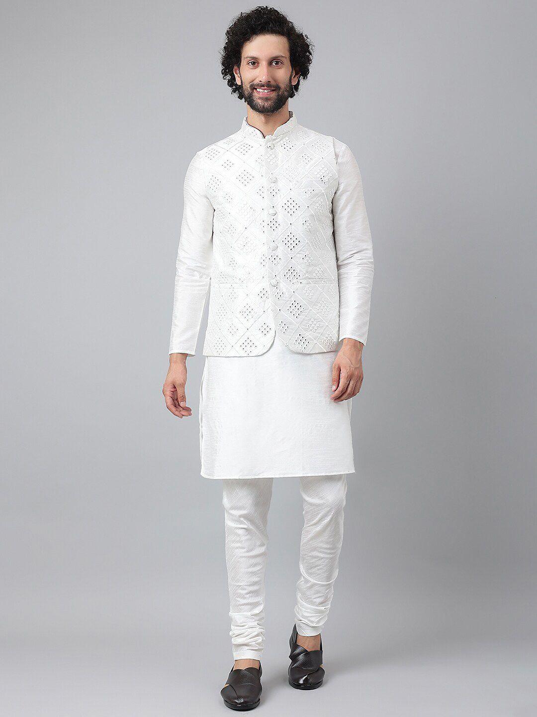 hangup trend men white solid pure silk straight kurta with churidar & nehru jacket