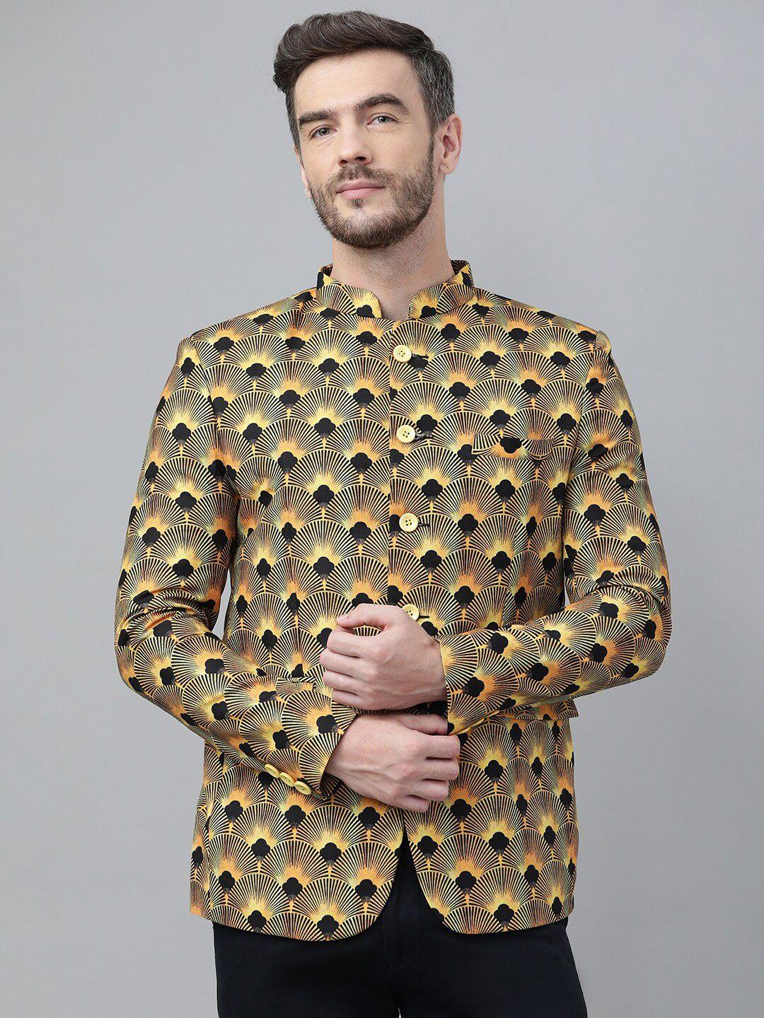 hangup trend men yellow & black printed bandhgala blazer