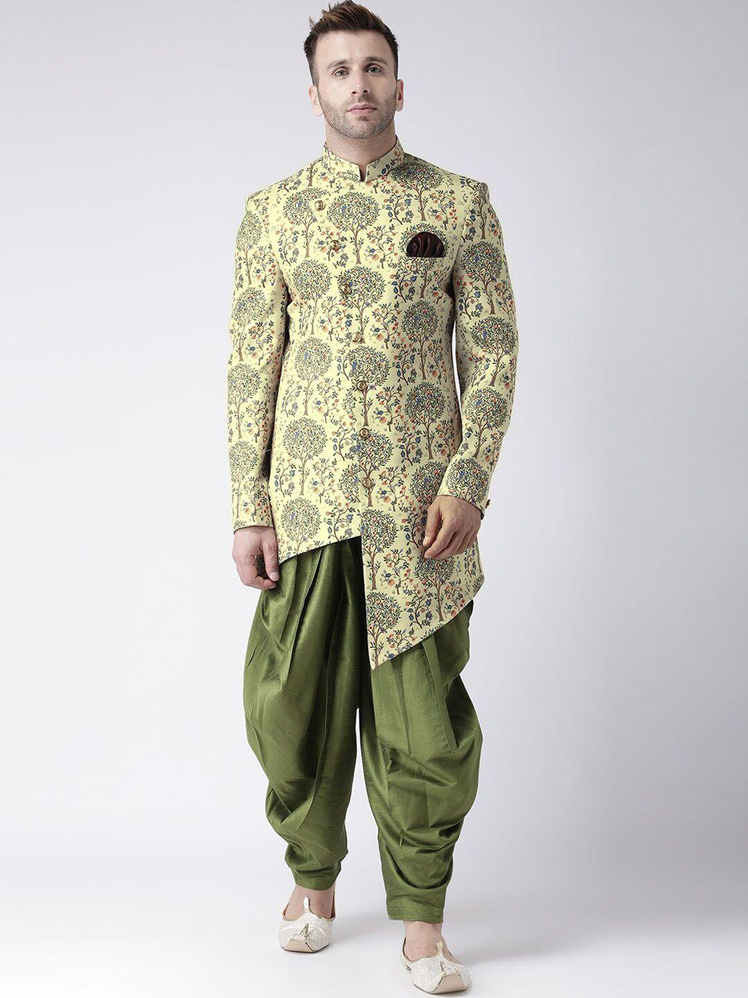 hangup trend men yellow & green printed sherwani set