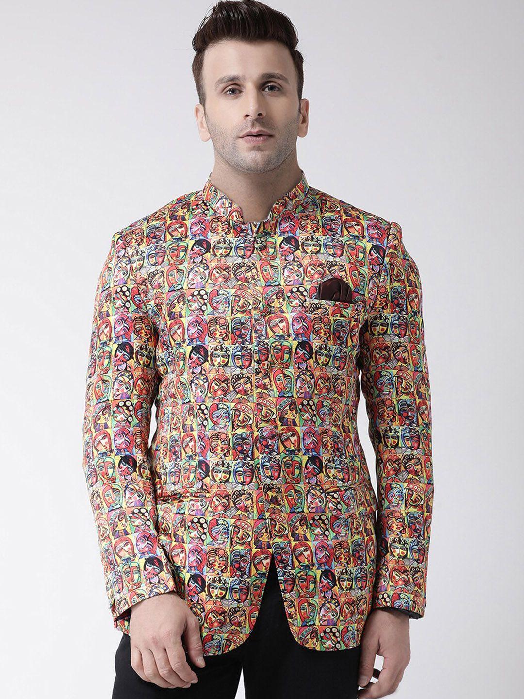 hangup trend men yellow printed mandarin collar bandhgala blazer