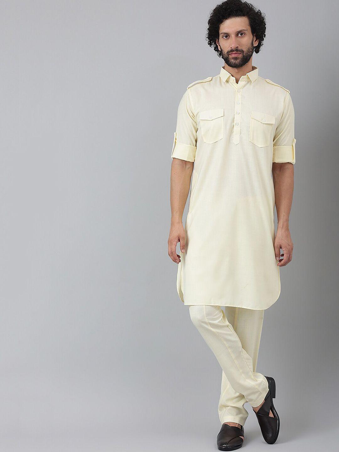 hangup trend men yellow pure cotton pathani kurta with pyjama set