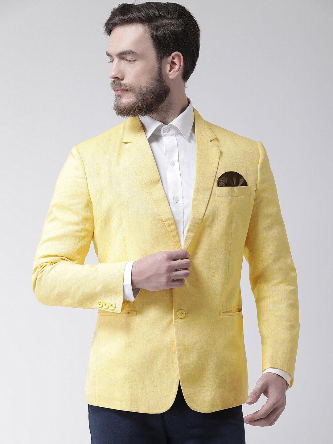 hangup trend men yellow solid single-breasted casual linen blazer
