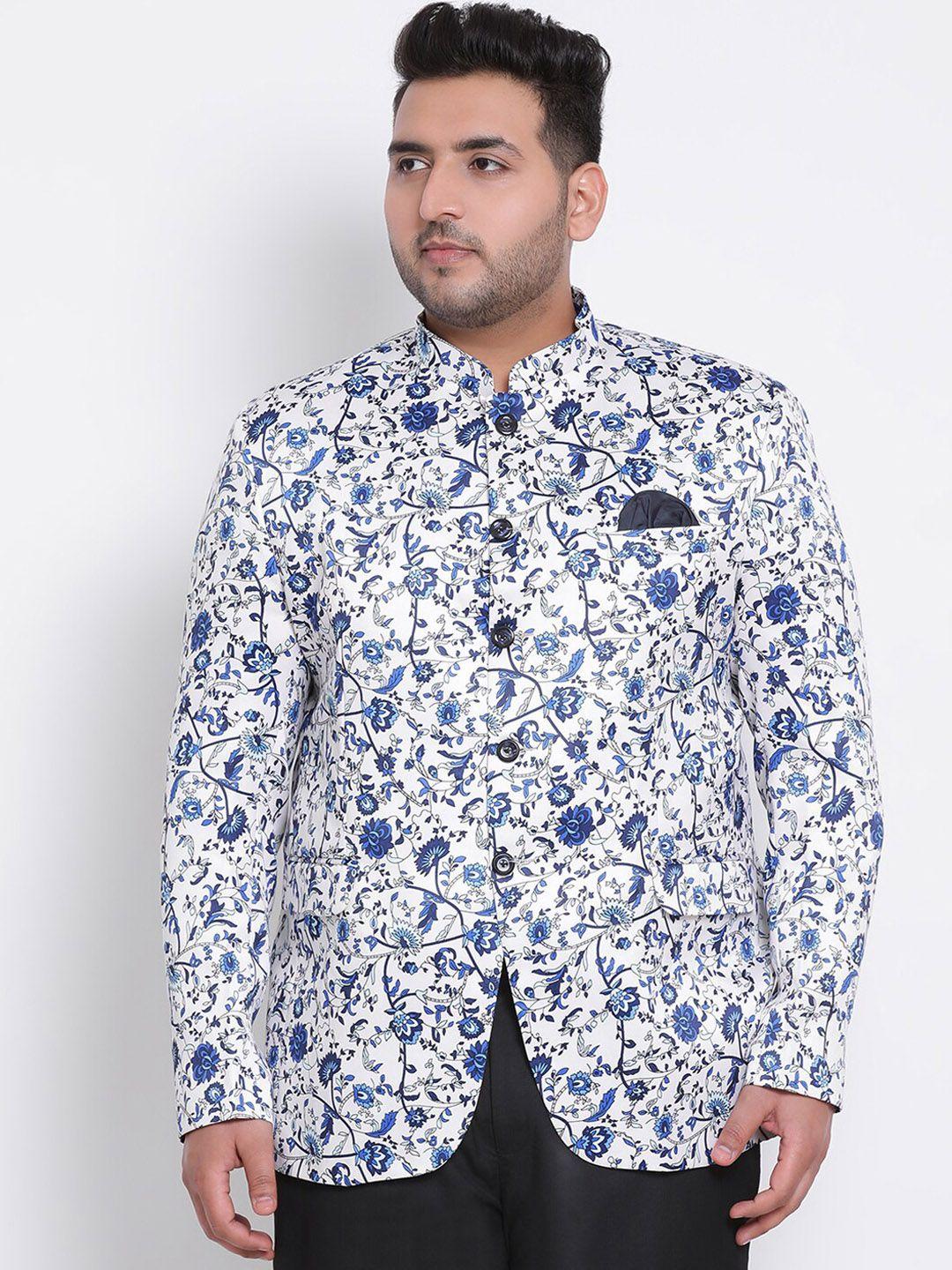 hangup trend plus men white & blue printed bandhgala ethnic blazer
