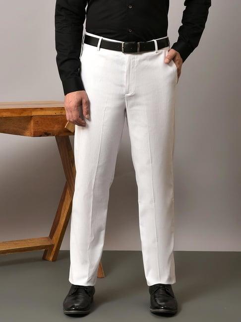 hangup white regular fit flat front trousers