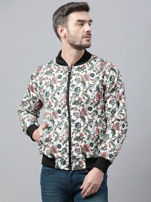 hangup white regular fit floral print bomber jacket