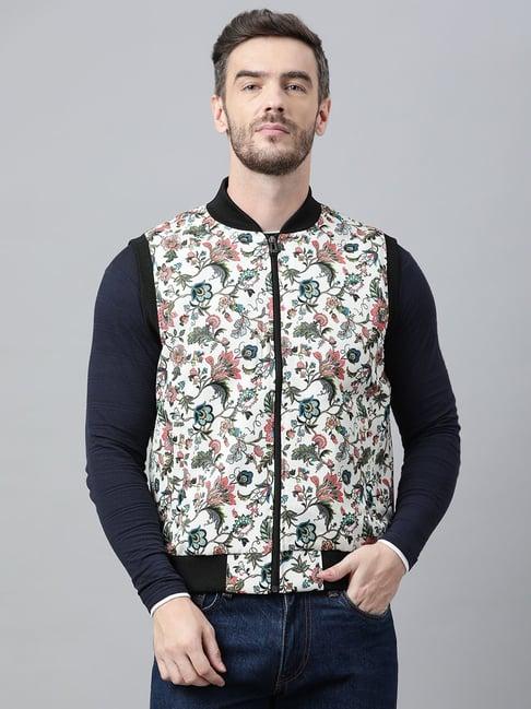 hangup white regular fit floral print bomber jacket