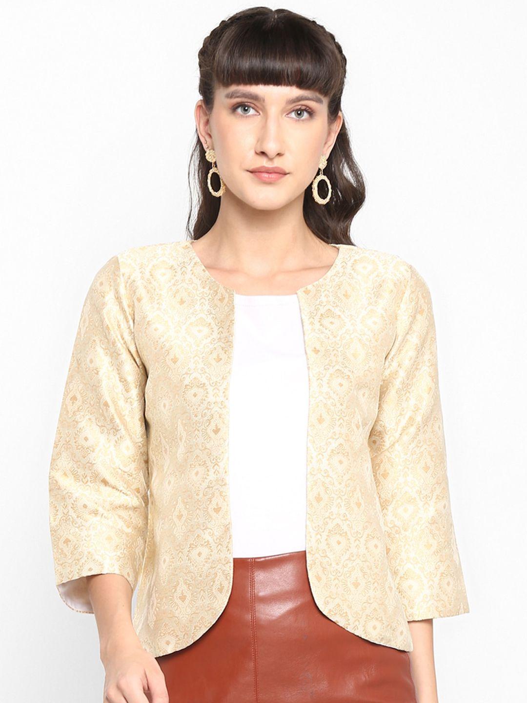 hangup women beige self design lightweight jacquard open front jacket