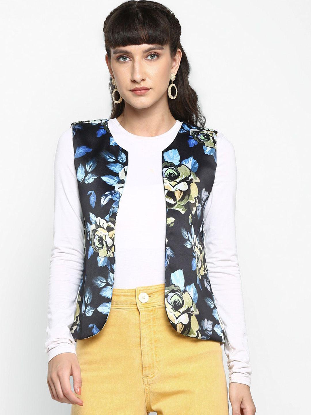 hangup women black & blue printed open front jacket