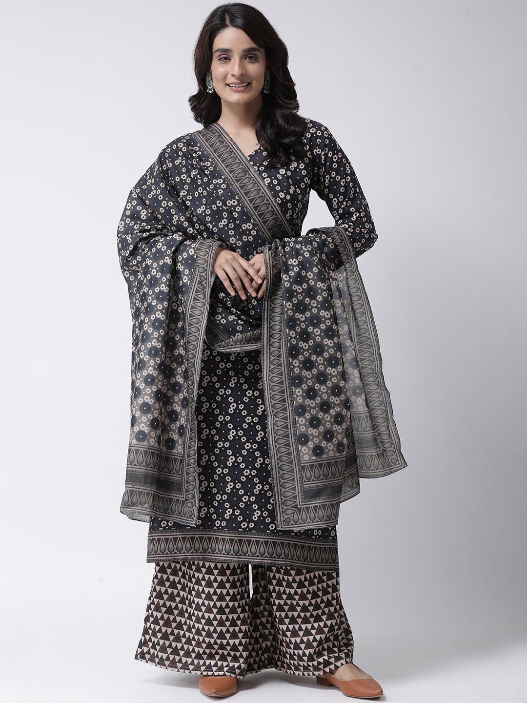 hangup women black printed kurti with palazzos & dupatta