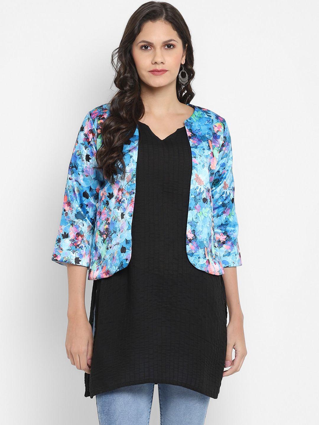 hangup women blue & pink printed lightweight jacquard open front jacket