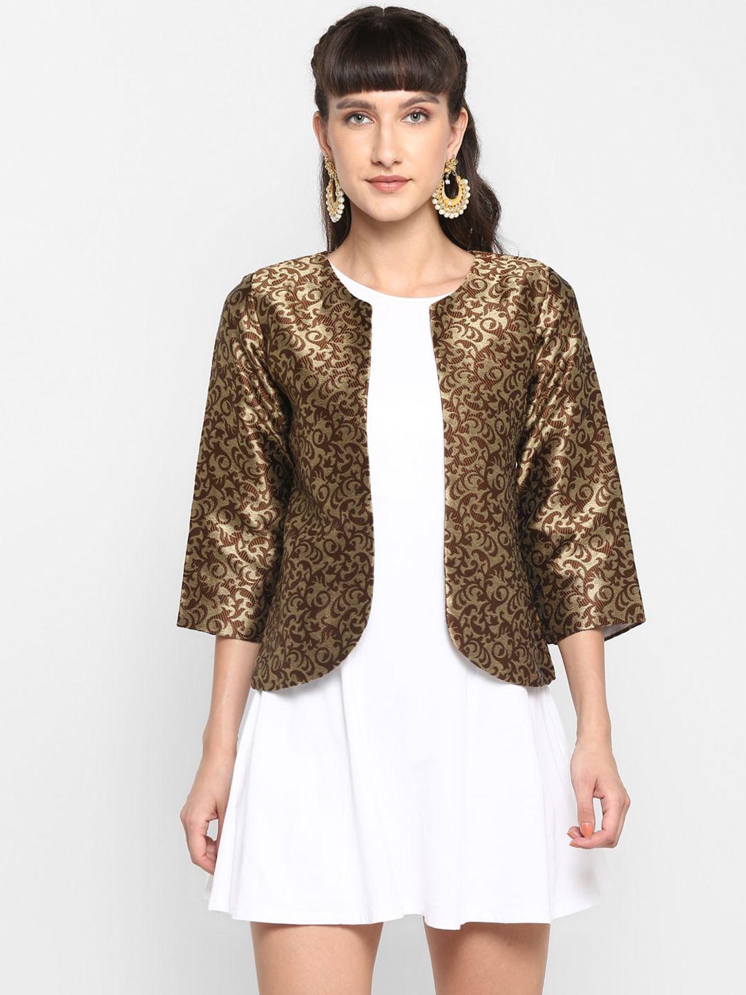 hangup women brown self design lightweight jacquard open front jacket