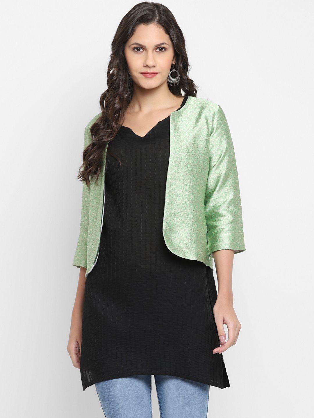 hangup women green self design lightweight jacquard open front jacket