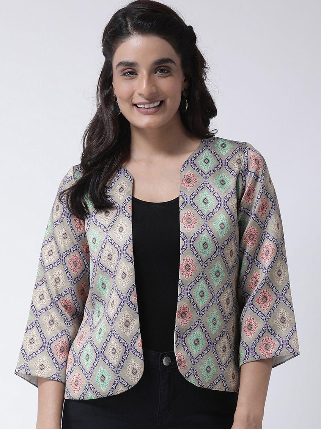 hangup women grey & blue printed open front shrug