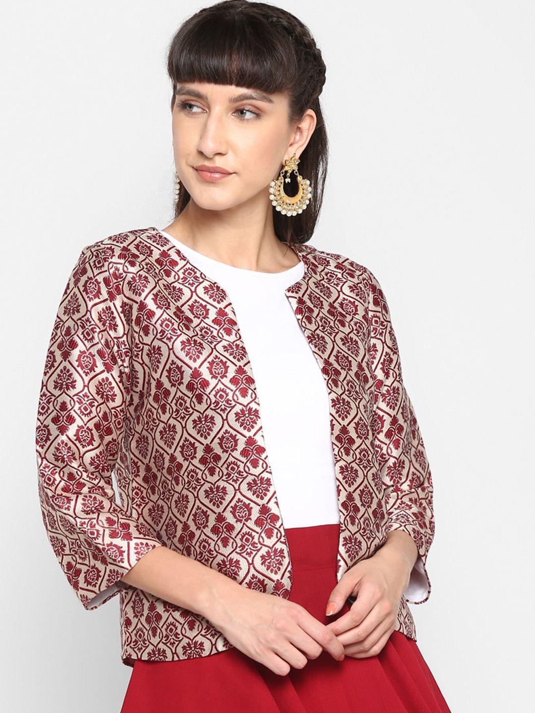 hangup women maroon printed lightweight open front jacket