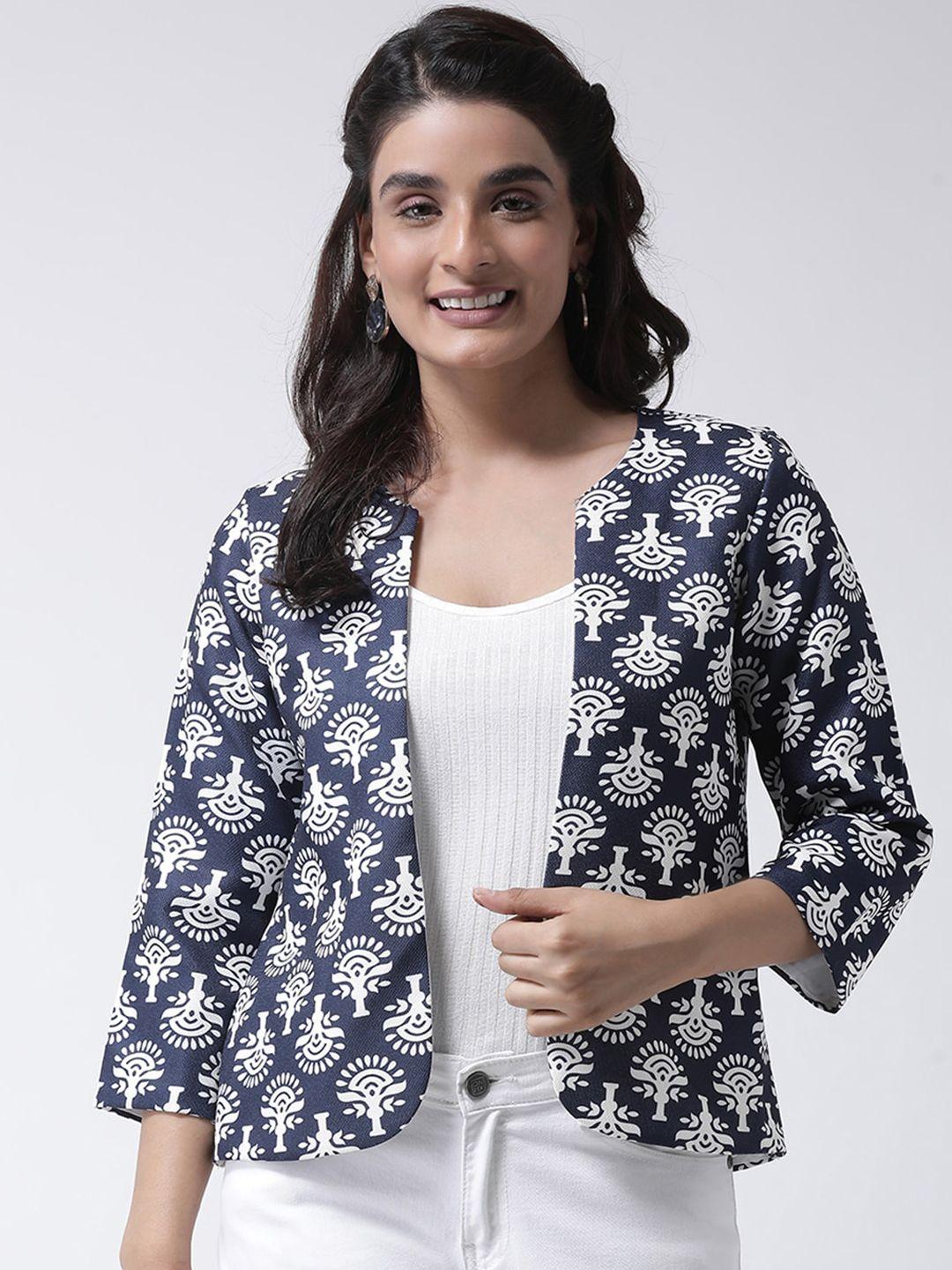 hangup women navy blue & white printed open front shrug