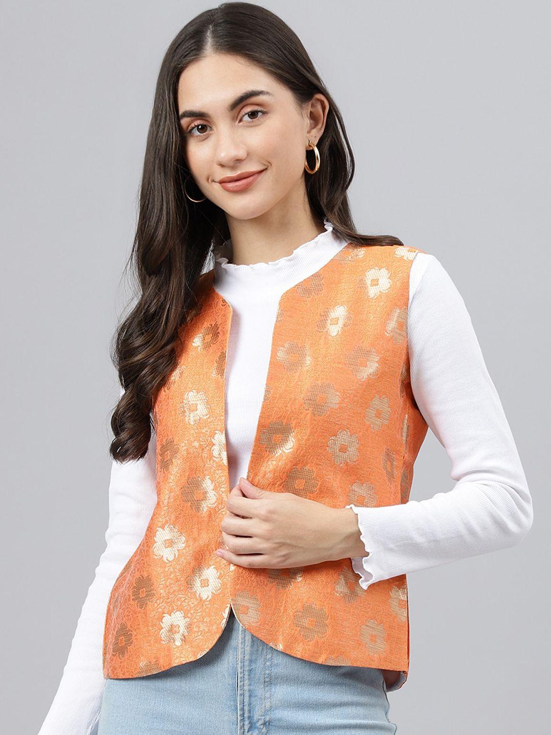 hangup women orange floral lightweight crop open front jacket