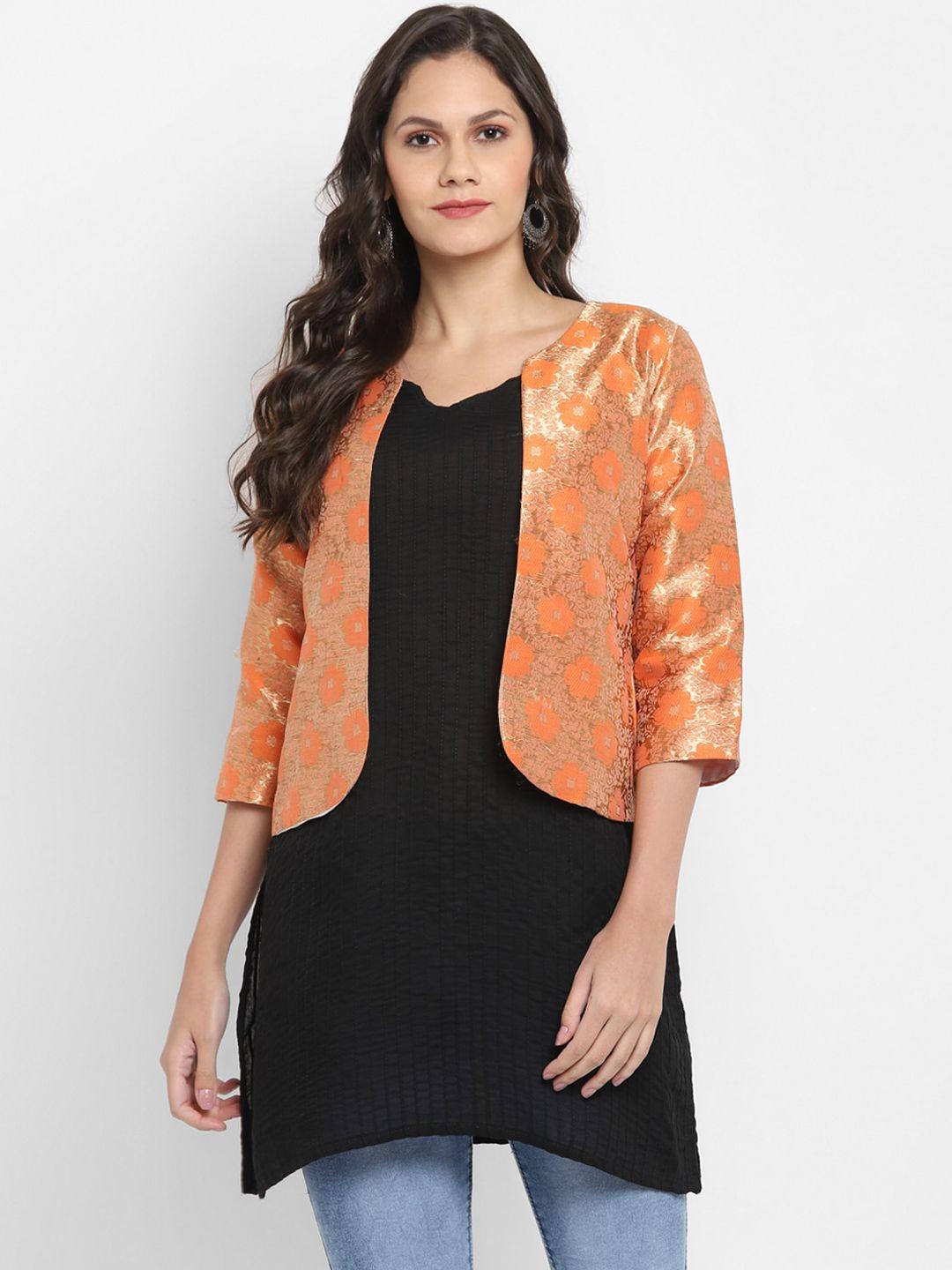 hangup women orange self design lightweight jacquard open front jacket