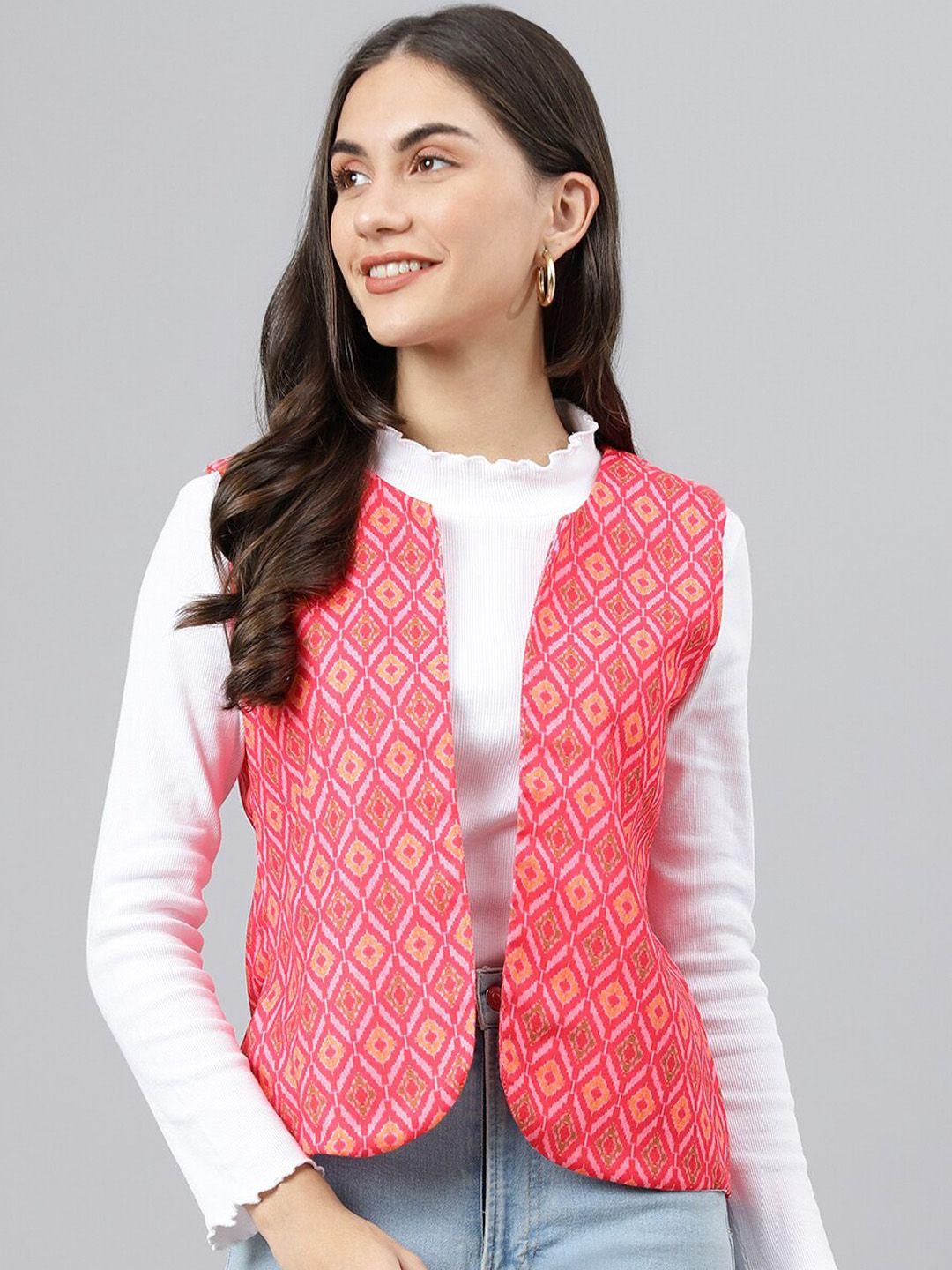 hangup women pink geometric lightweight open front jacket