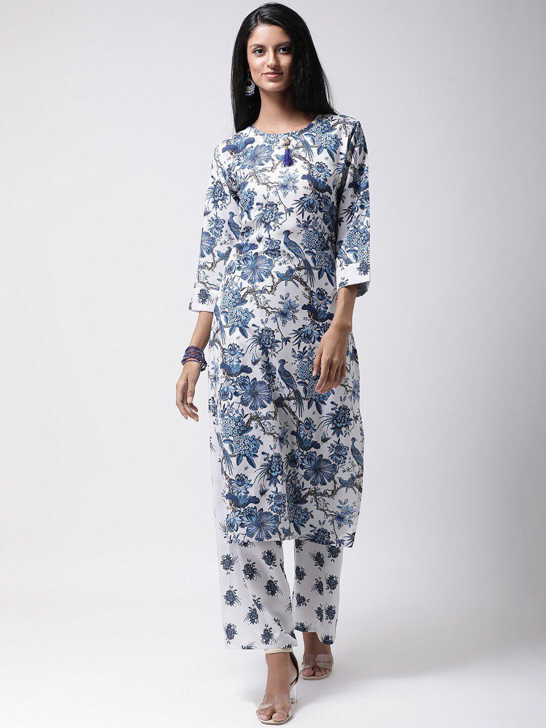 hangup women white & blue floral printed straight kurta