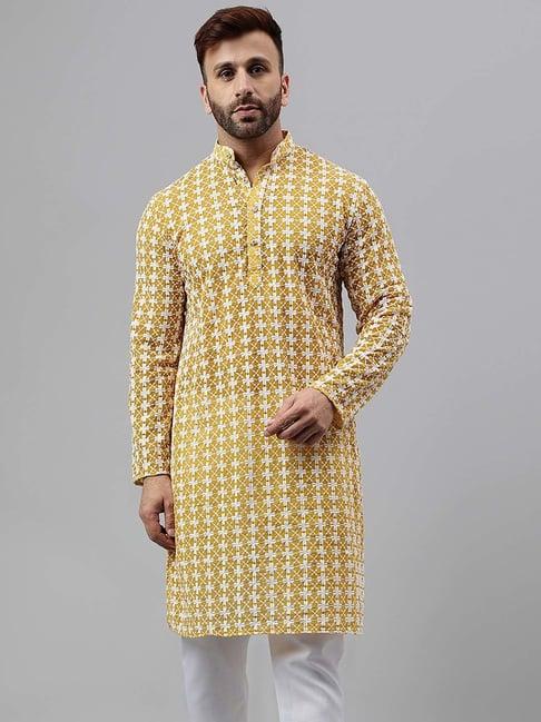 hangup yellow regular fit embroidered kurta