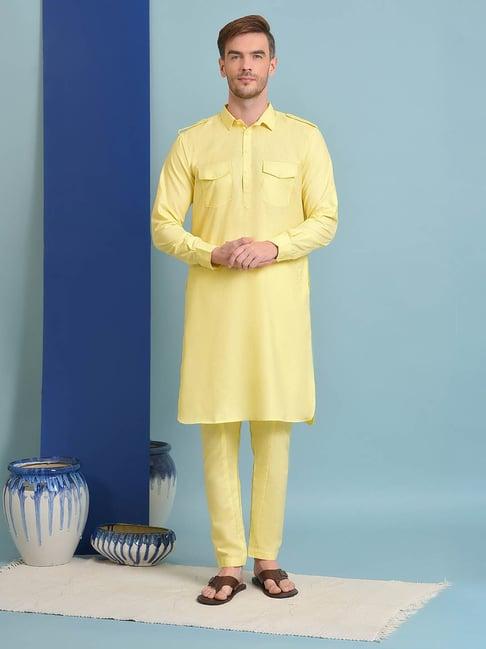 hangup yellow regular fit pathani kurta & pyjamas set