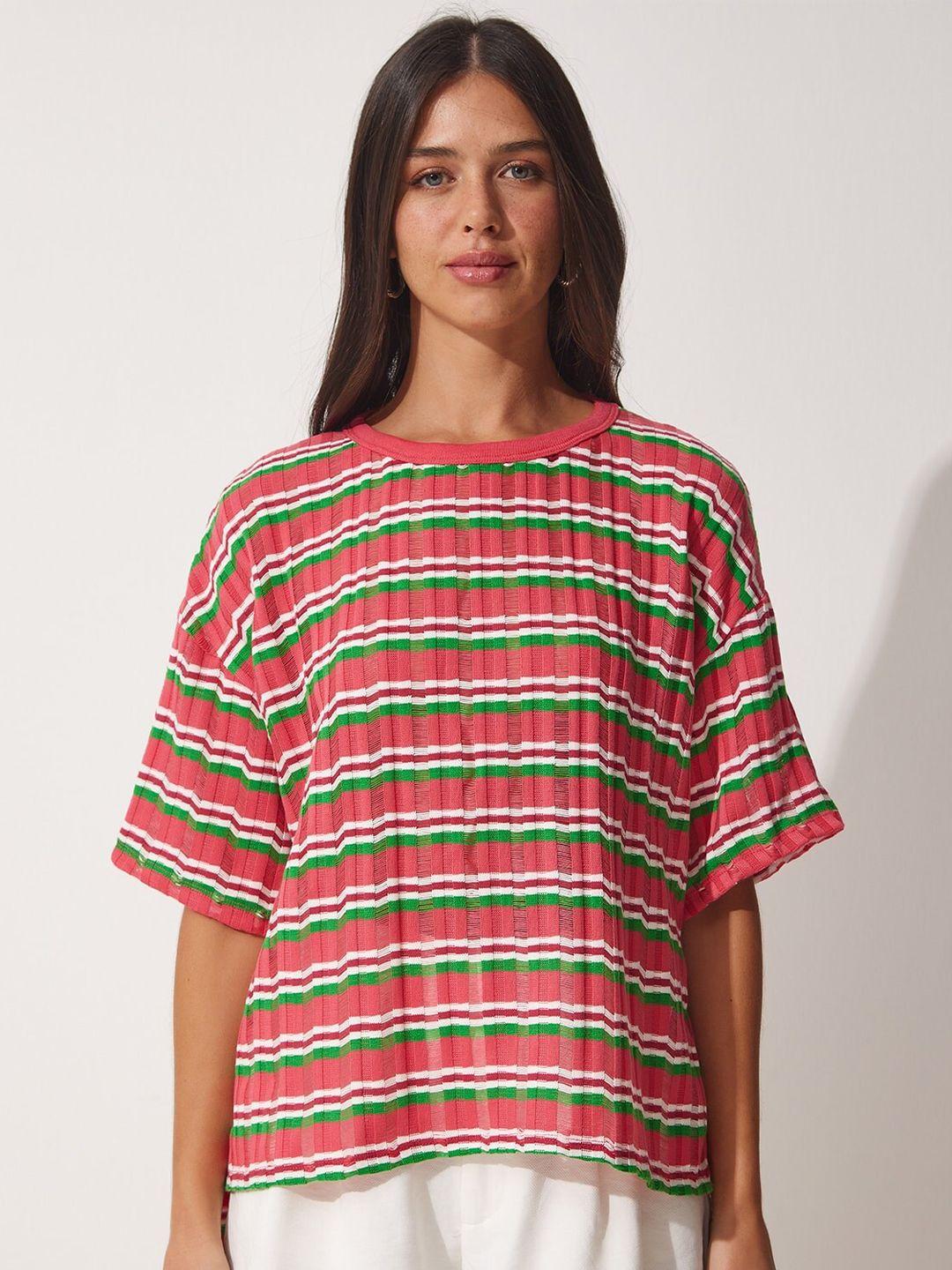 happiness istanbul striped dro-shoulder sleeves cotton top