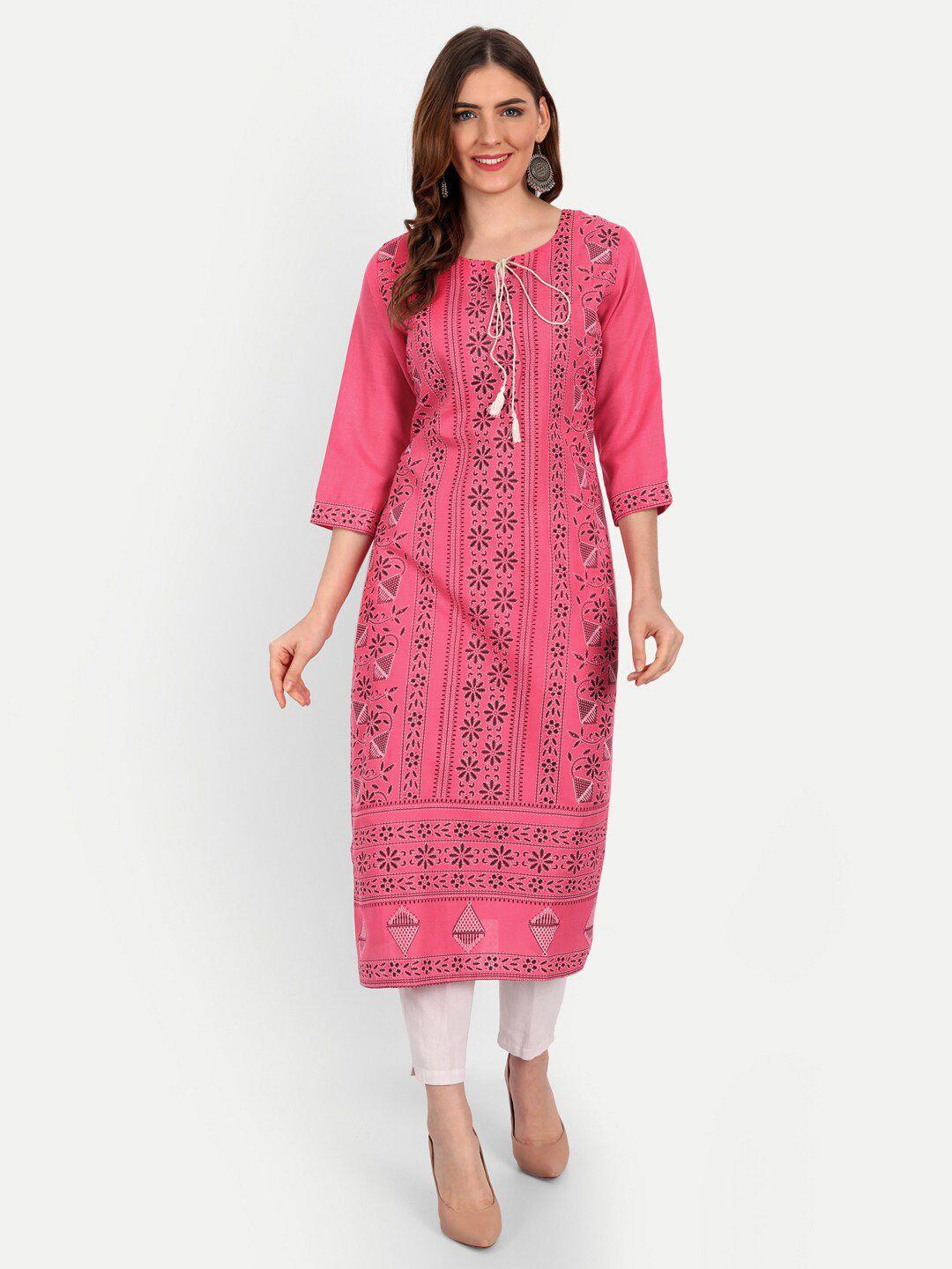 happy design floral embroidered tie-up neck straight cotton kurta