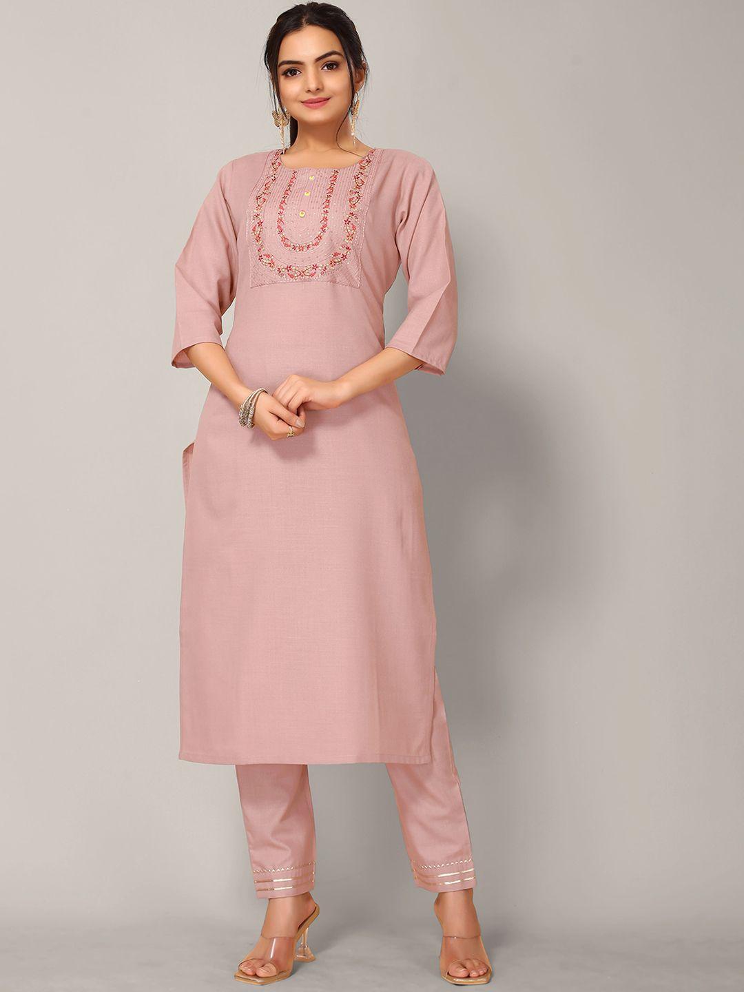 happy design floral yoke design regular thread work kurta with trousers