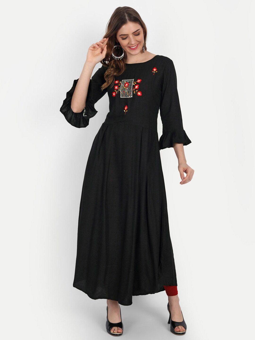 happy design women black & red floral embroidered bell sleeves thread work anarkali kurta