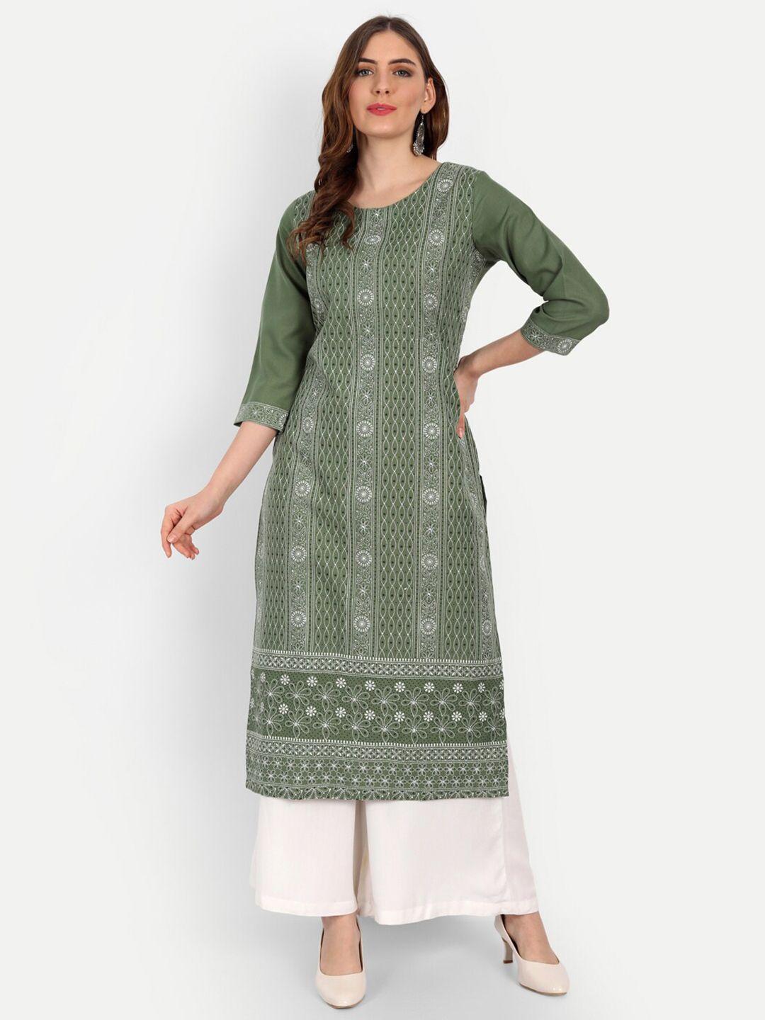 happy design women green & white ethnic motifs batik printed kurta