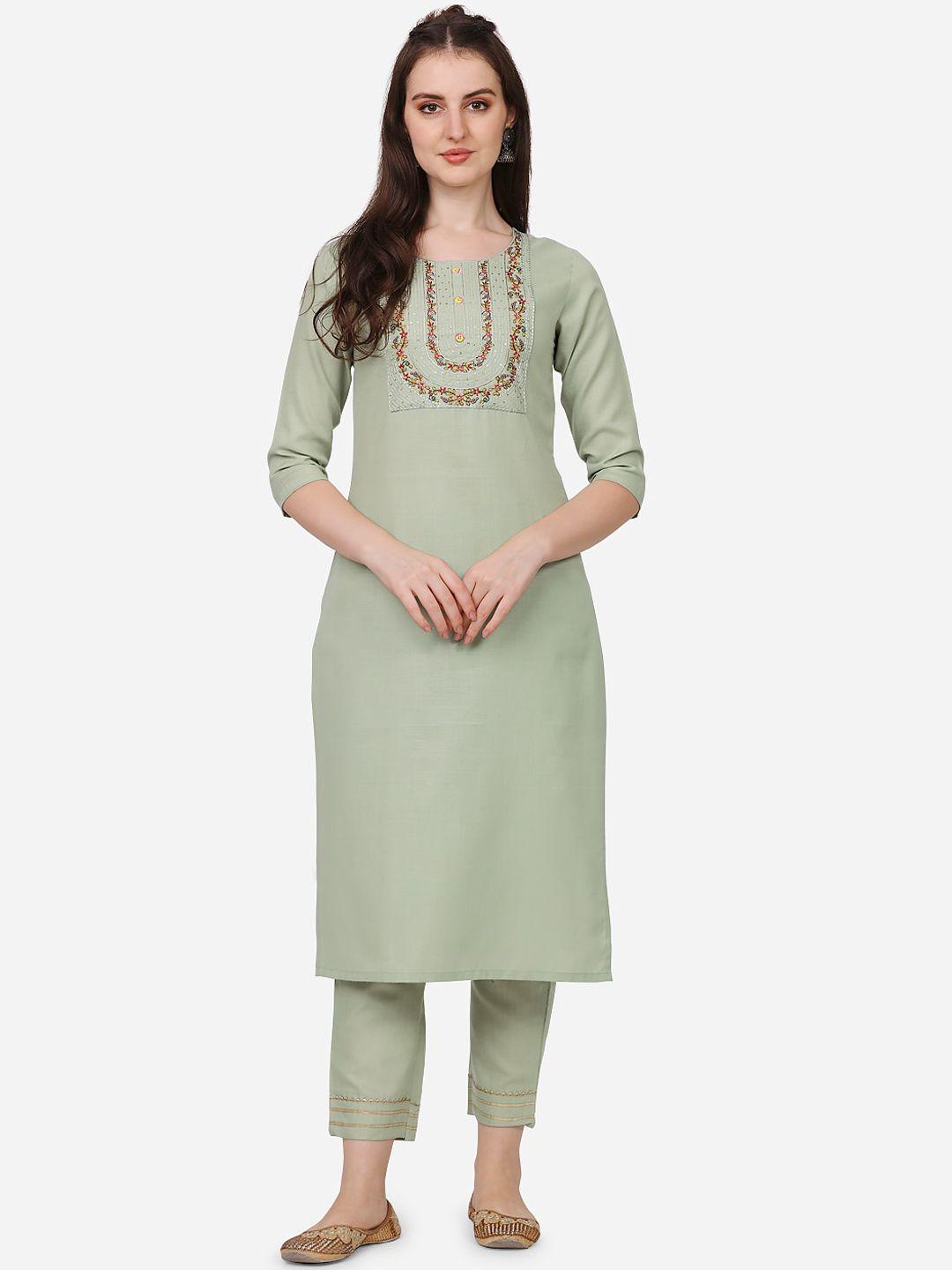 happy design women green printed kurti with trousers