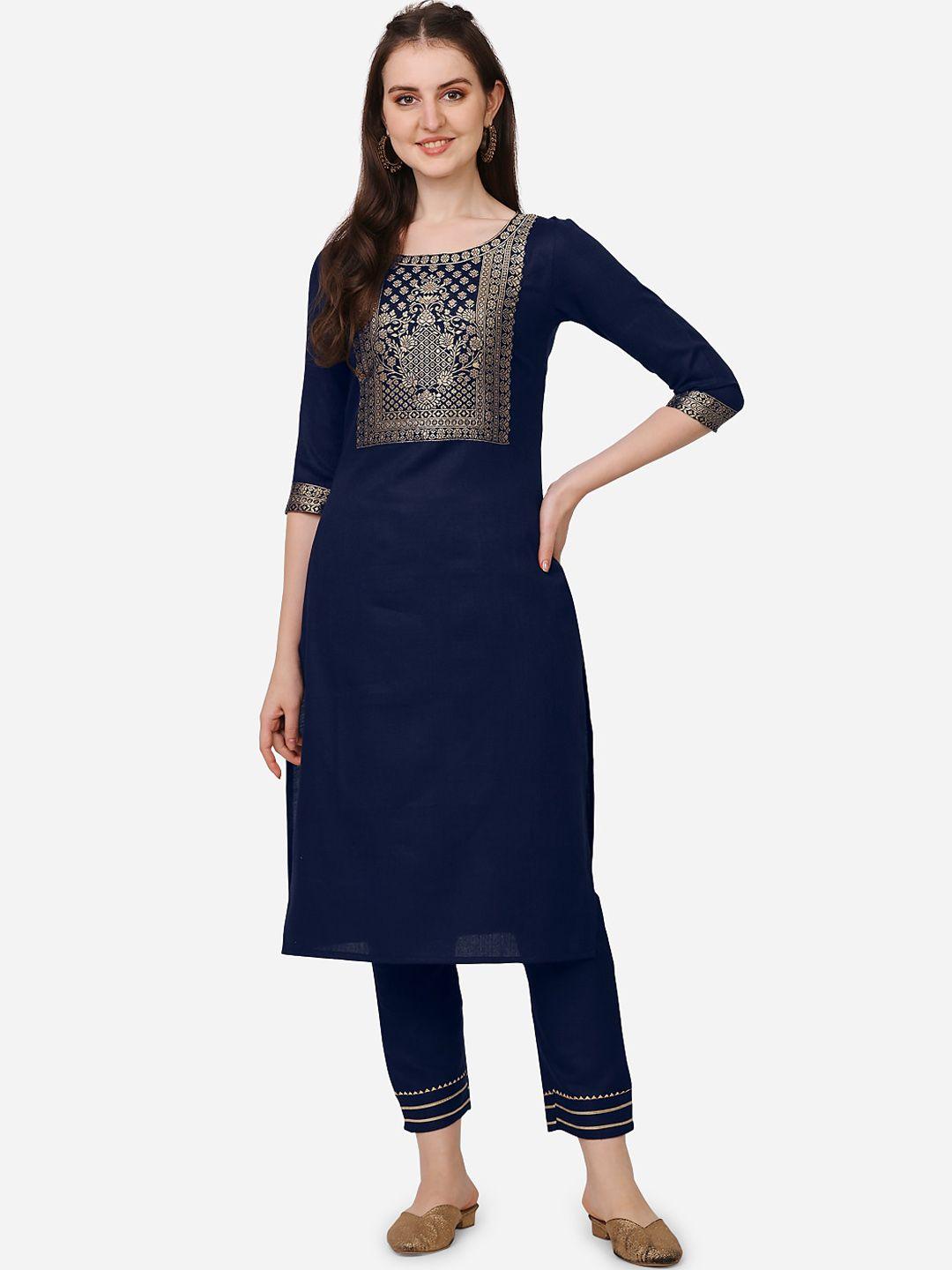 happy design women navy blue printed kurta with trousers