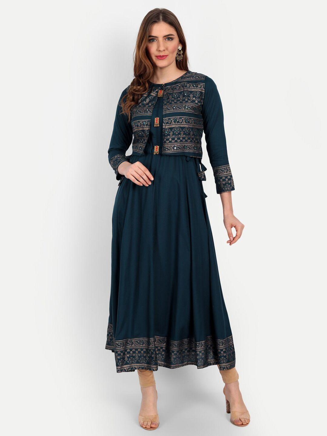 happy design women teal & gold-toned ethnic motifs printed kurta