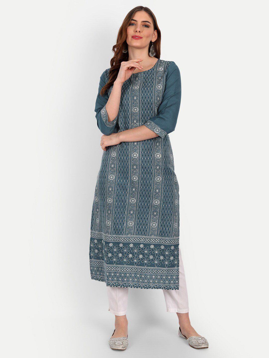 happy design women teal blue ethnic motifs printed kurta